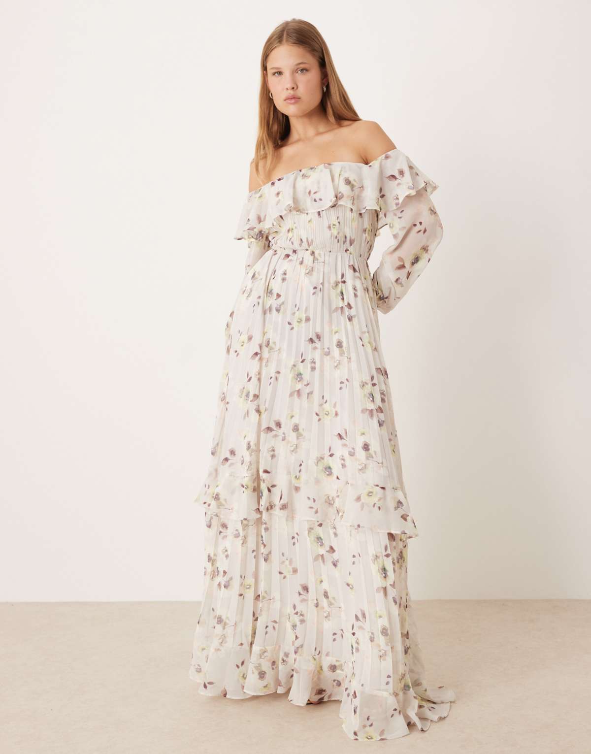 True Decadence Ruffle bardot maxi dress in mauve blurred floral