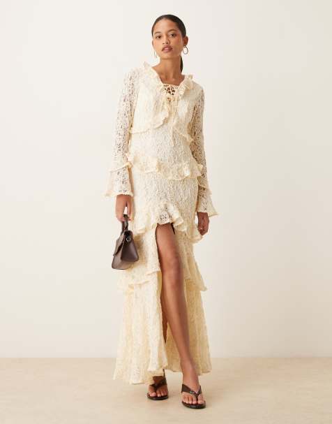 True Decadence Ruffle lace up maxi dress in cream - view 1