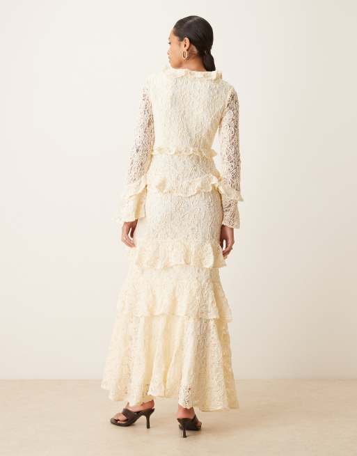 True Decadence Ruffle lace up maxi dress in cream | ASOS