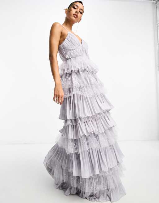 True Decadence ruffle maxi dress in lilac grey