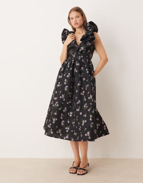 True Decadence Ruffle midi dress in black lilac brocade