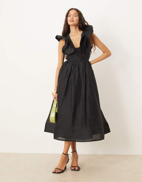 True Decadence Ruffle neck midi dress in black - view 1
