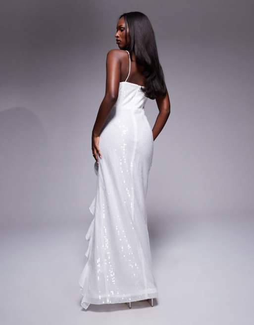 True Decadence Ruffle split maxi dress in white translucent sequin ASOS