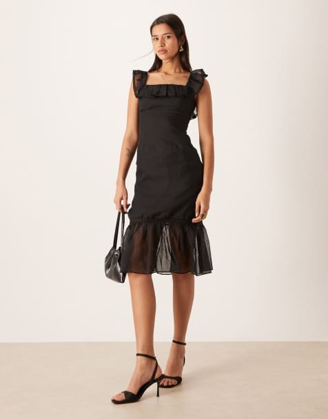 True Decadence Ruffle trim midi dress in black