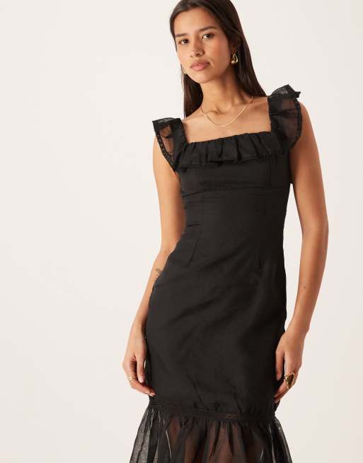 True Decadence Ruffle trim midi dress in black, 3 of 4