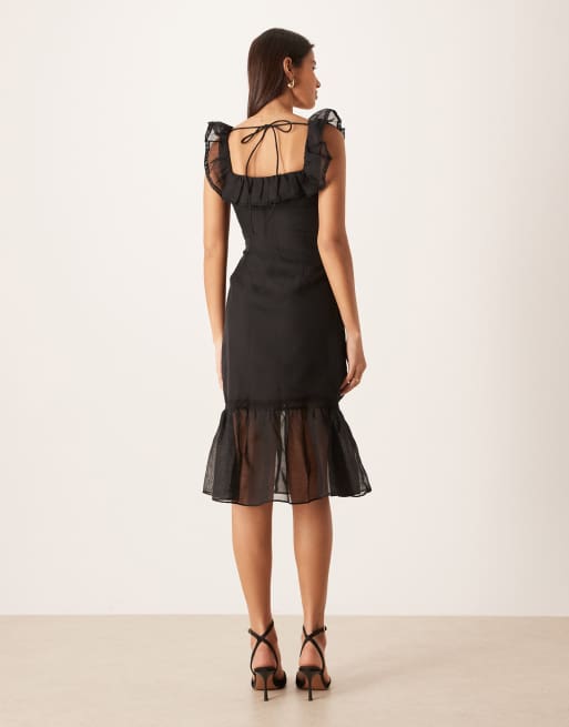 True Decadence Ruffle trim midi dress in black, 4 of 4