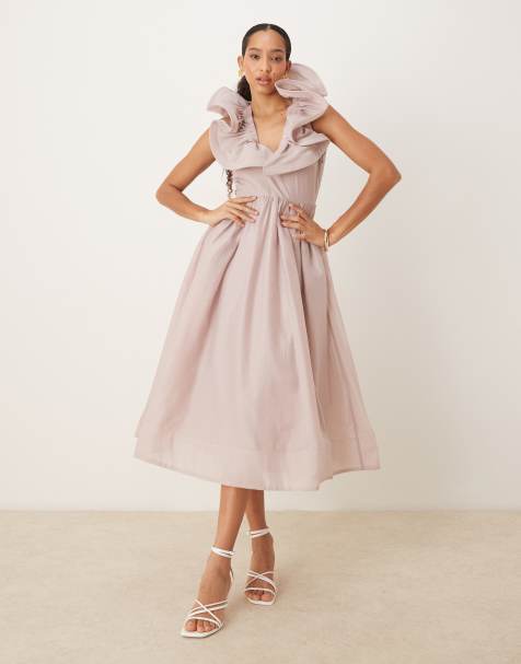 True Decadence Ruffle v neck midi dress in dusty mauve