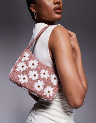 True Decadence - Sac porté épaule avec perles fantaisie et motif fleur - Rose