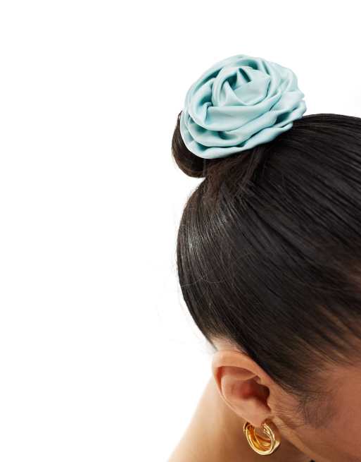 True Decadence satin corsage flower hair tie in light blue