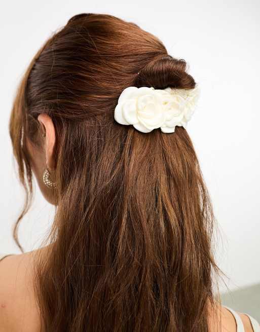 True Decadence satin flower hair clip in cream ASOS