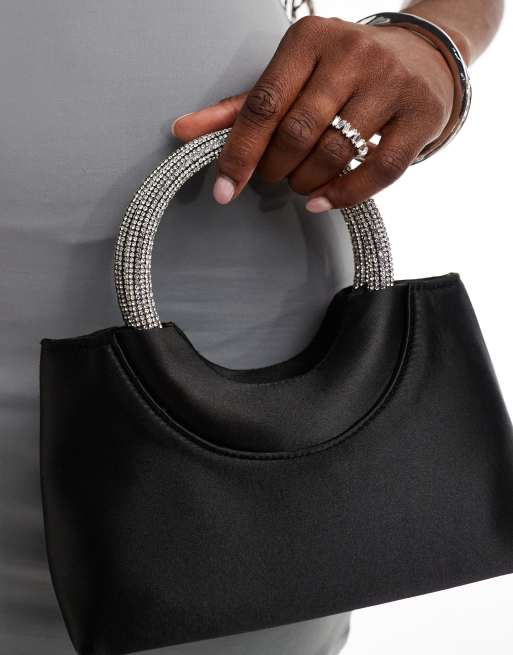 True Decadence satin mini bag with rhinestone handle in black ASOS