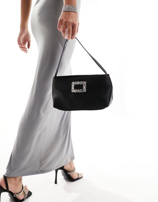 satin shoulder bag with embellished detail in black