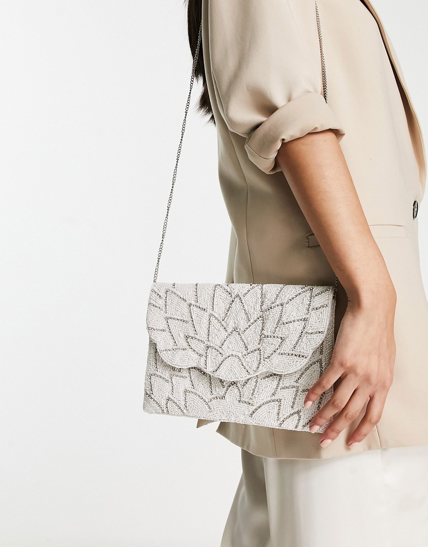 True Decadence Scallop Edge Beaded Bag In White And Silver
