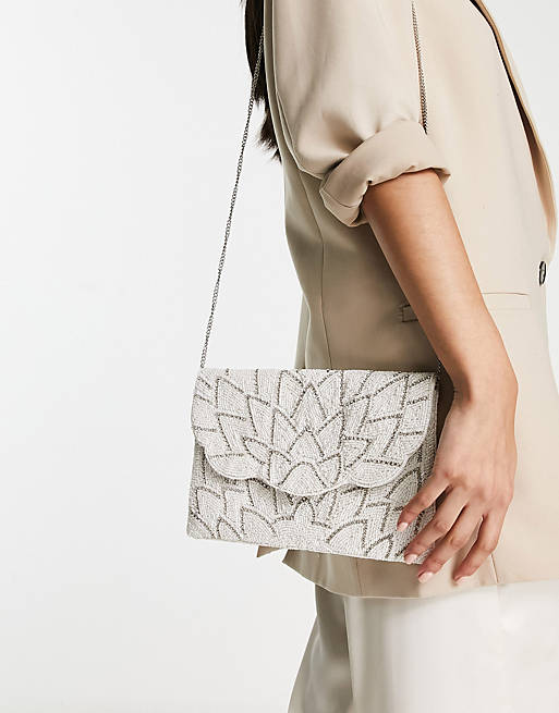 True Decadence scallop edge beaded bag in white and silver | ASOS