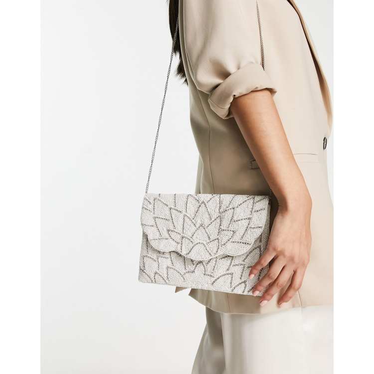 True Decadence scallop edge beaded bag in white and silver | ASOS