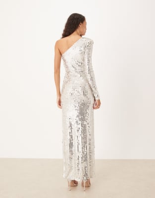 True Decadence Sequin asymmetric sleeve side split maxi dress in silver  nude sequin | ASOS