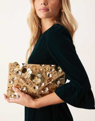 True Decadence True Decadence sequin embellished envelope clutch bag in gold