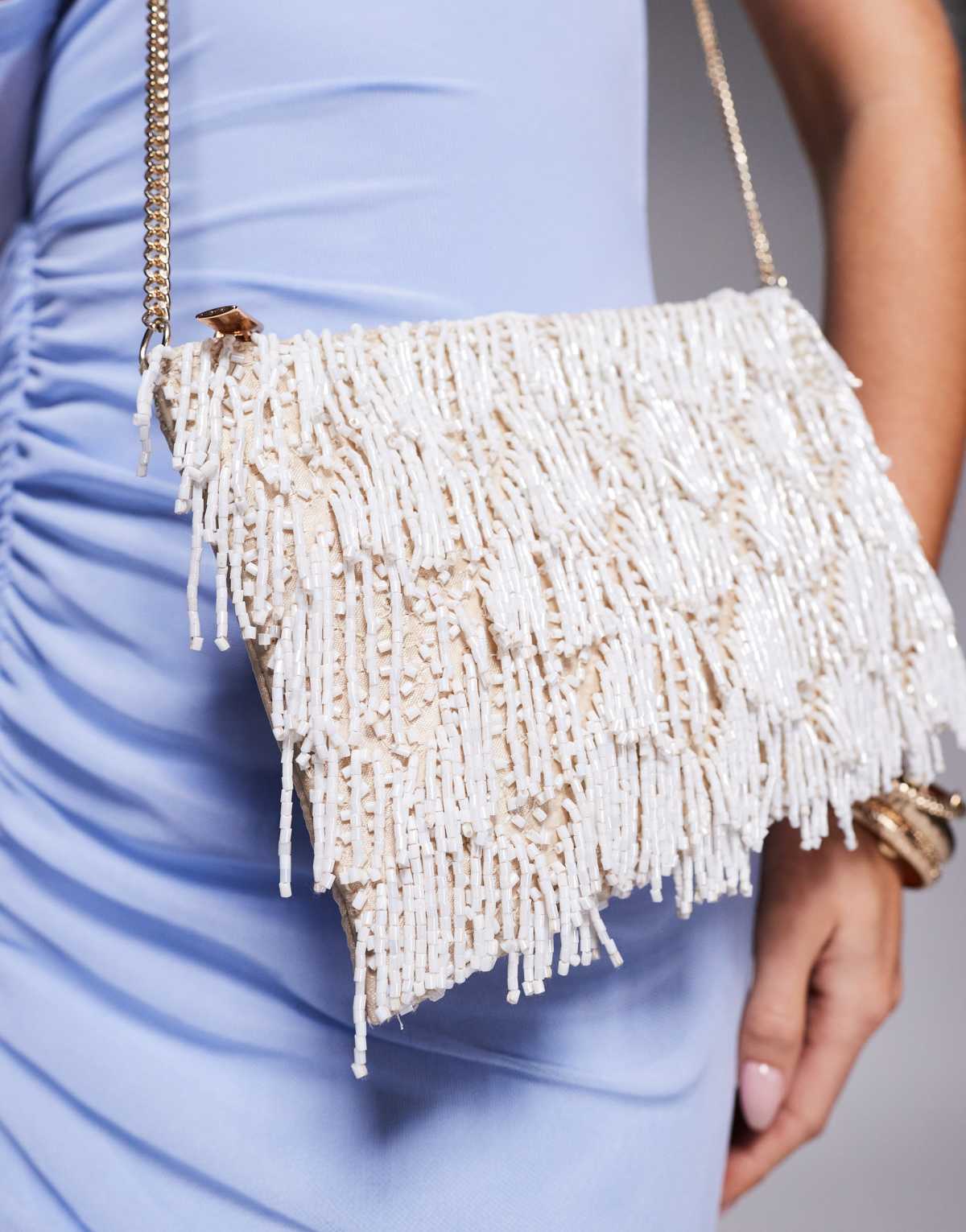 True Decadence sequin fringe clutch bag with chain in champagne