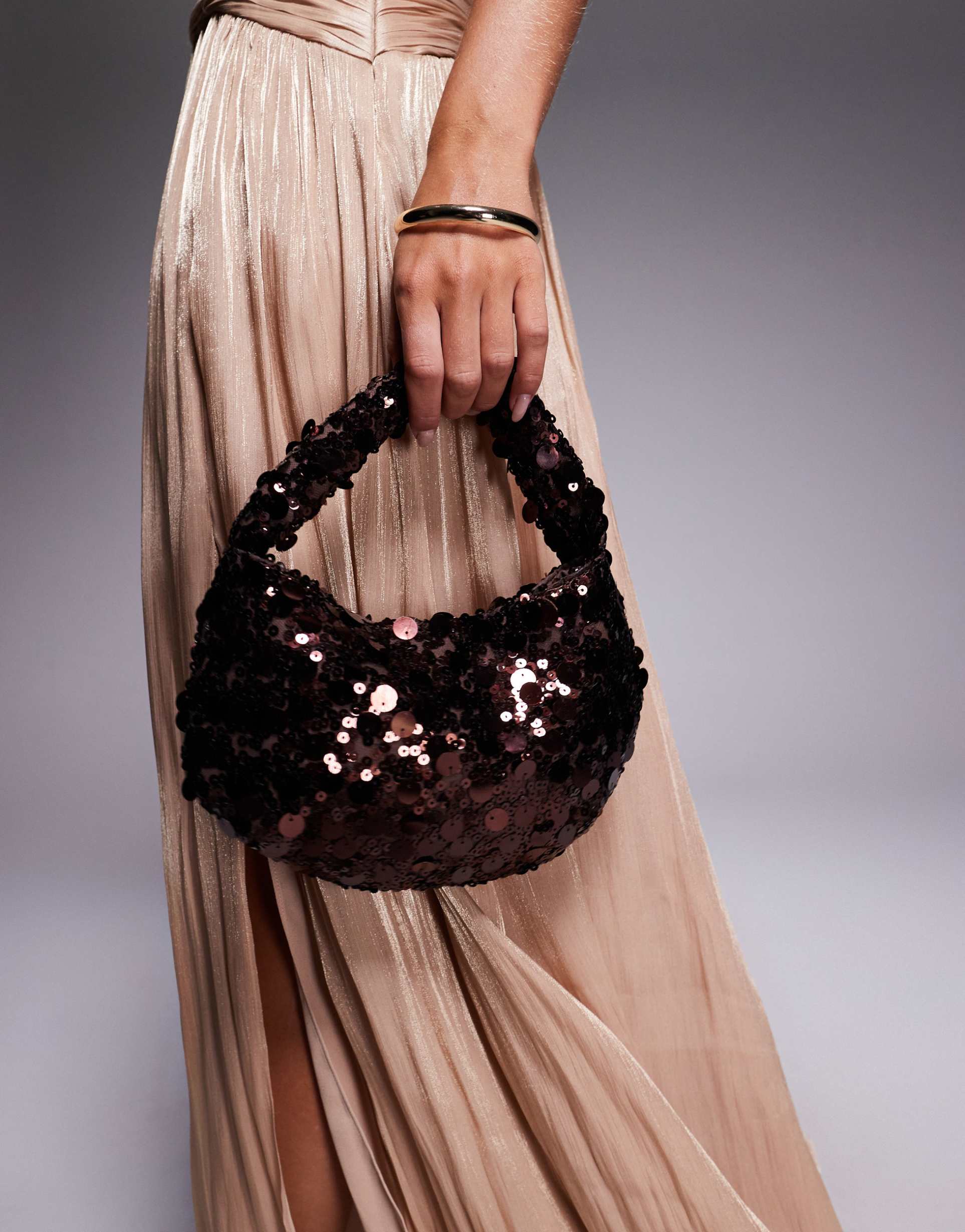 true decadence sequin shoulder bag in bronze