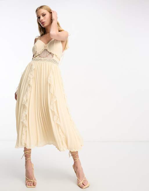 LACE INSERT CHIFFON MIDI DRESS - Ecru