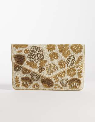 True Decadence shell embellished envelope clutch bag in pale gold