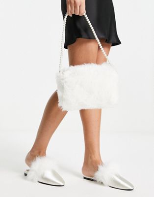 True Decadence shoulder bag in white faux feather with pearl strap