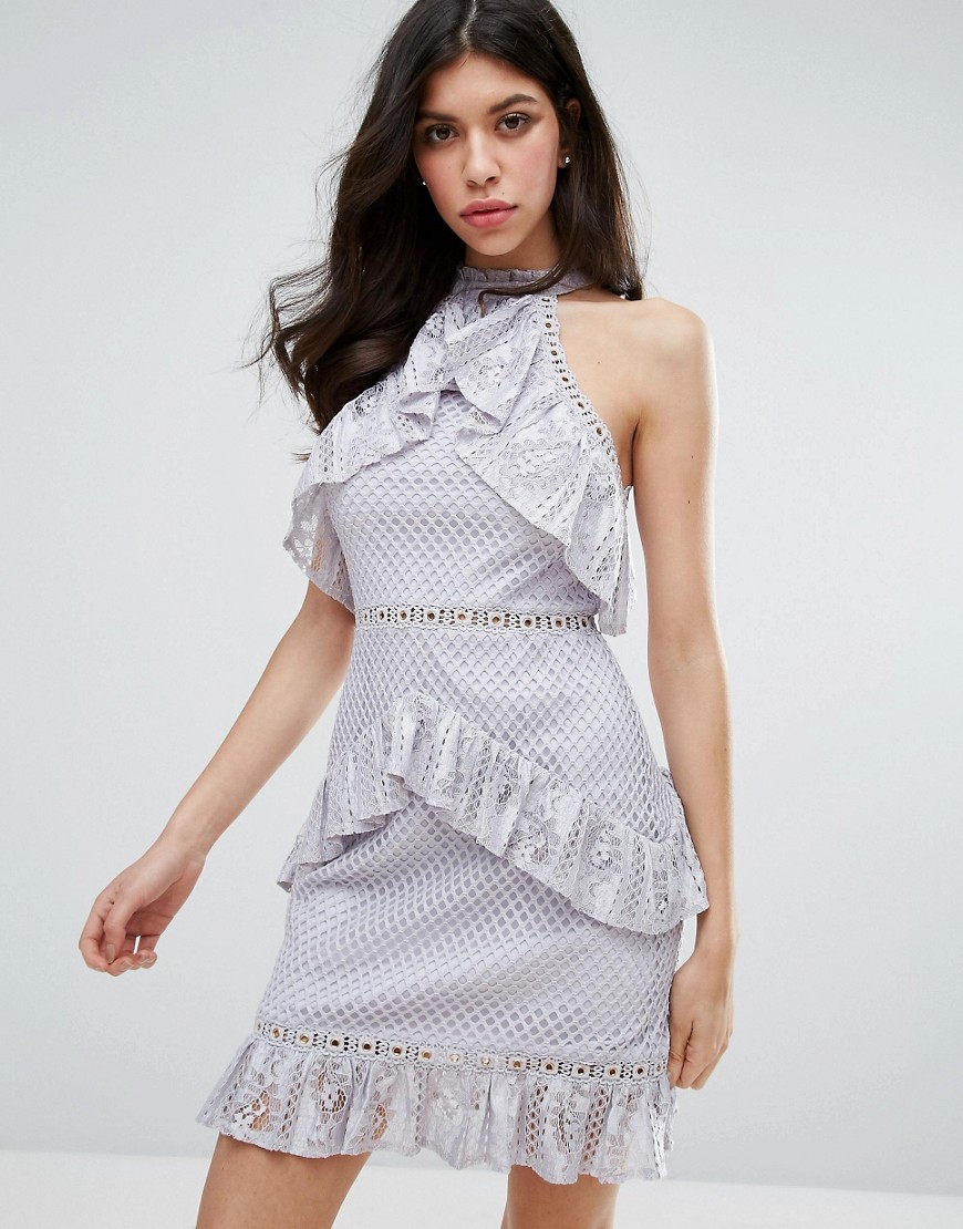 True Decadence Sleeveless Lace Ruffle Detail Mini Dress-Grey