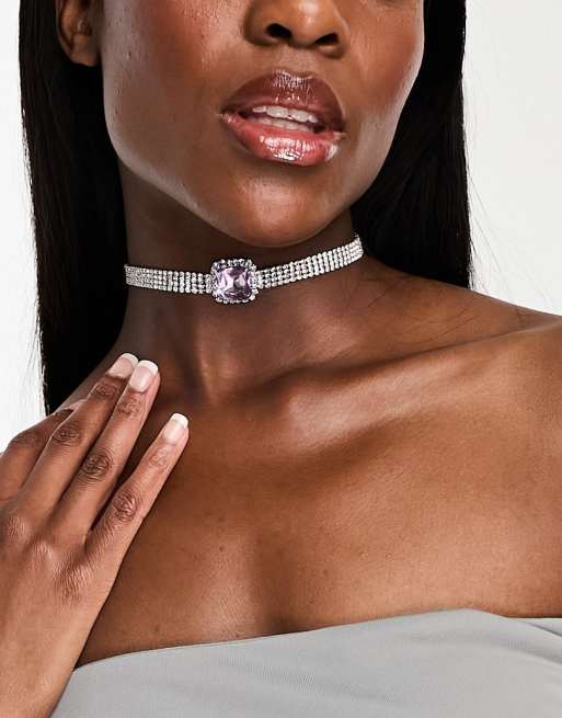 True Decadence - Sølvfarvet choker-halskæde med imiteret juvel i lilla