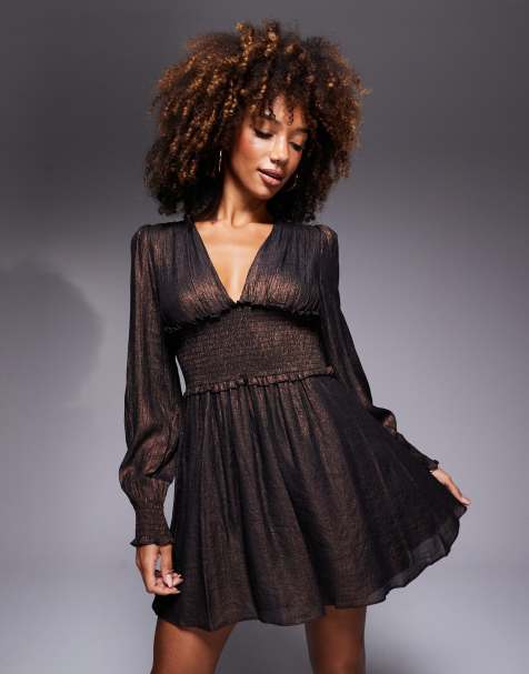 True Decadence Smocked waist mini dress in chocolate metallic - view 1