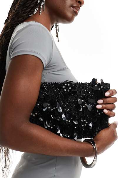 True Decadence - Sort kuvert-clutch med 3D-blomsterudsmykning - view 1