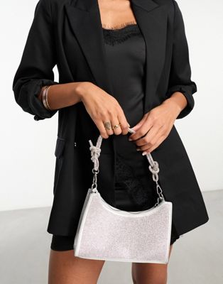 True Decadence heart clutch bag in black satin with faux pearl handle