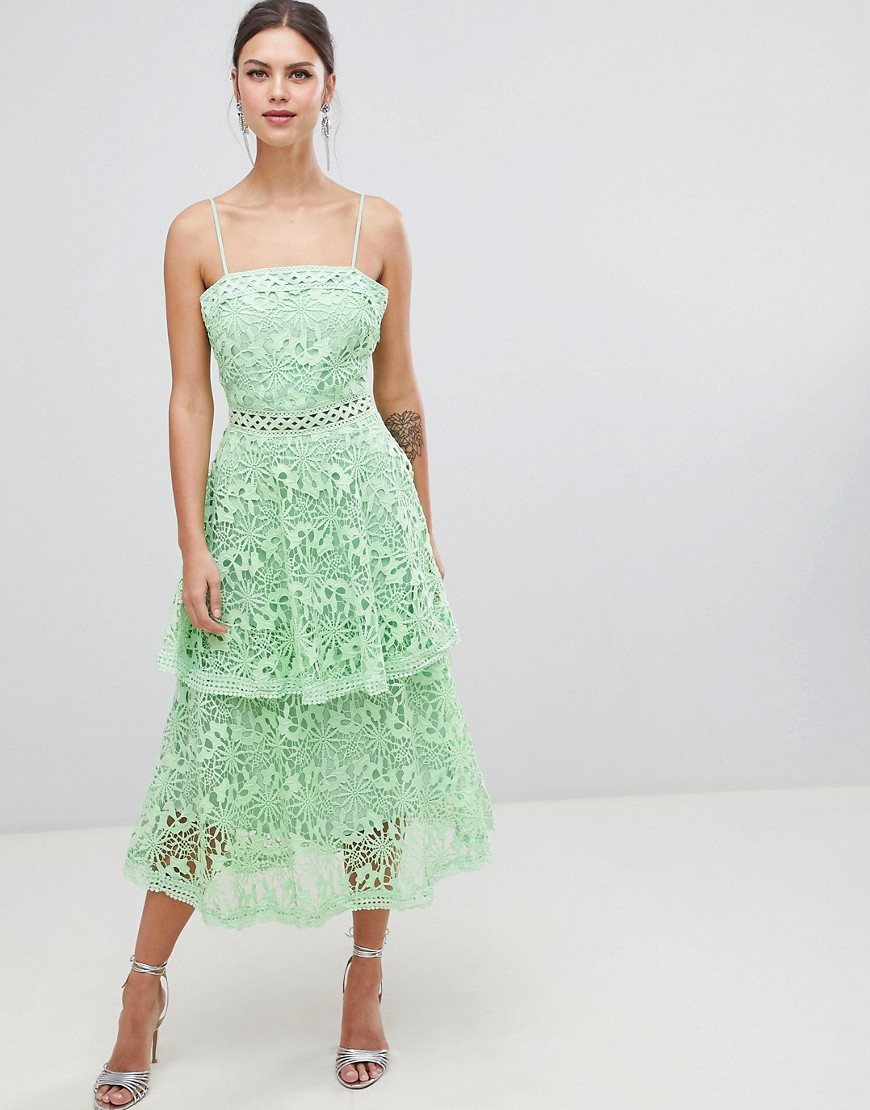 True Decadence Square Neck Cami Strap Midi Lace Dress With Ruffle Layered Skirt-Green