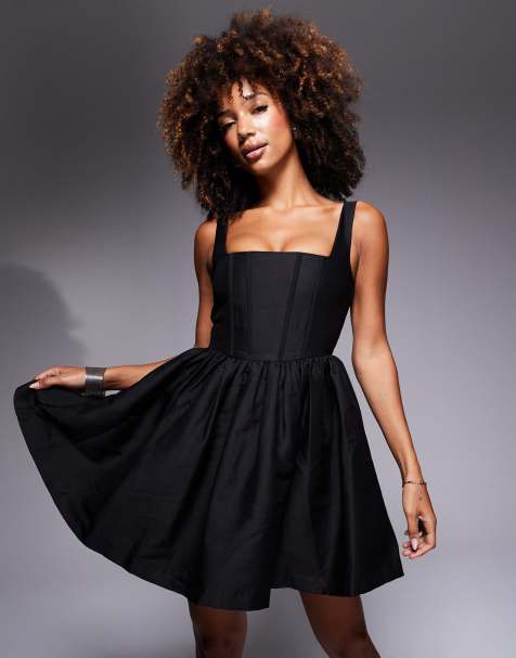 True Decadence Square neck corseted skater mini dress in black - view 1