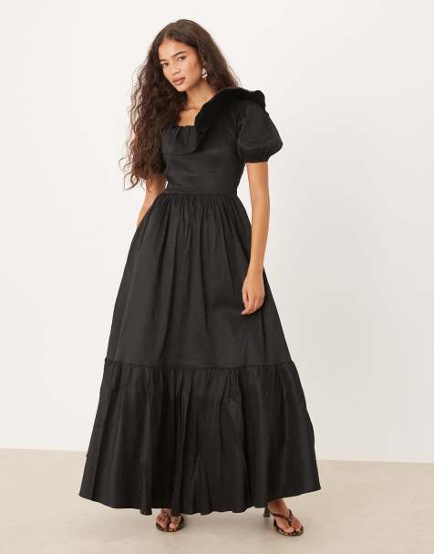 True Decadence Square neck tiered midi dress in black taffeta