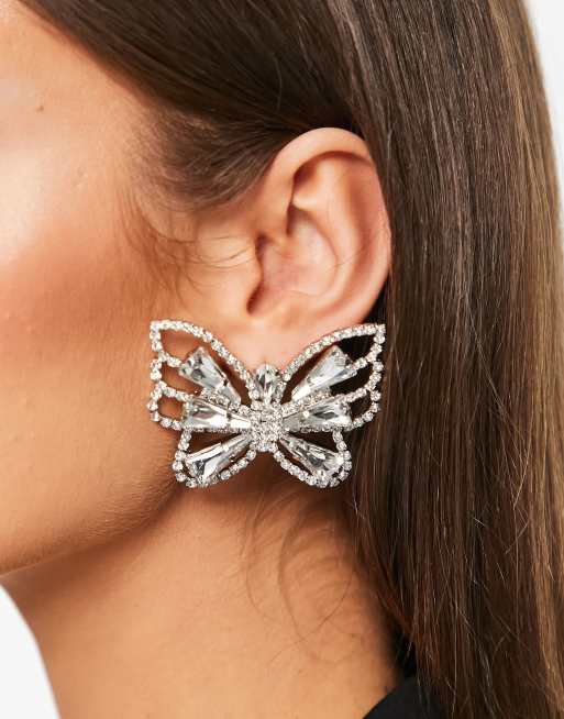 True Decadence statement butterfly shape earrings in silver crystal