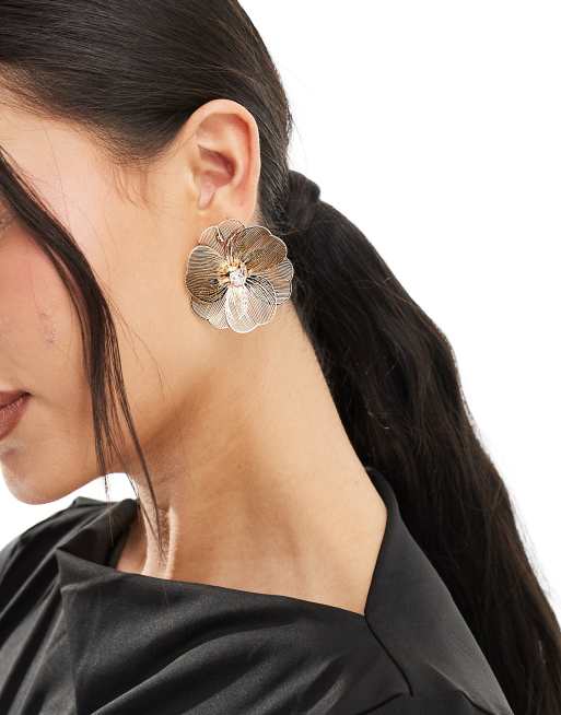 True Decadence statement flower stud earrings in gold, 4 of 4