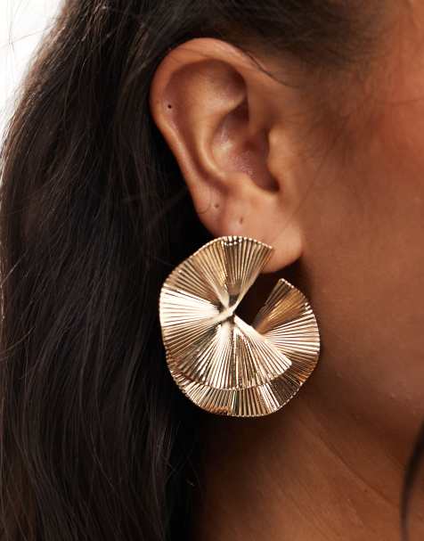 True Decadence statement round pleated stud earrings in gold - view 1