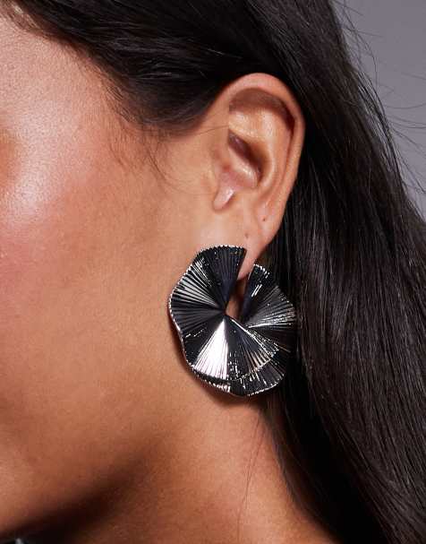 True Decadence statement round pleated stud earrings in silver - view 1