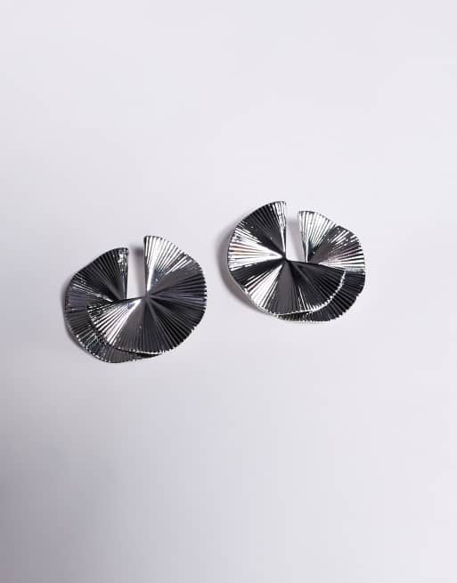 True Decadence statement round pleated stud earrings in silver , 2 of 3