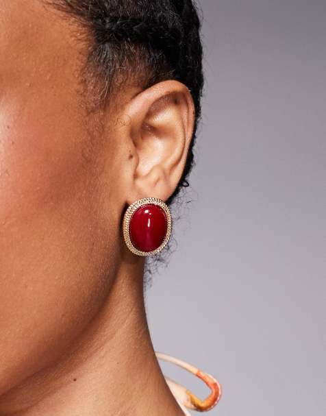 True Decadence statement stud earrings in red stone in gold - view 1