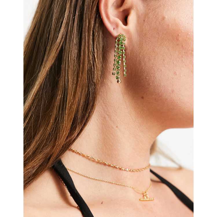 True Decadence statement waterfall earrings in gold with green crystal ASOS