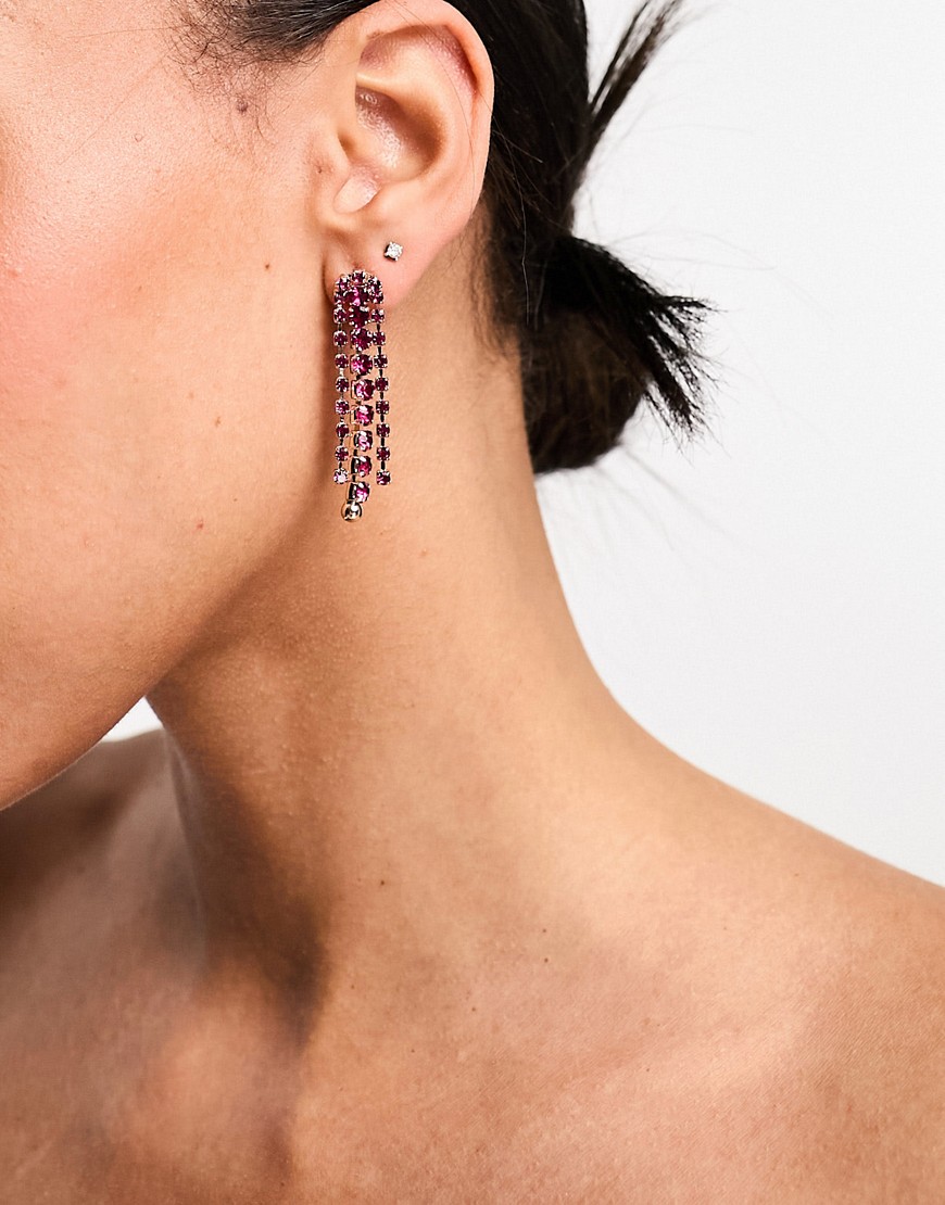 True Decadence statement waterfall earrings in gold with pink crystal