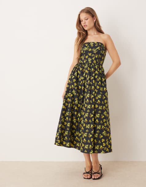 True Decadence Strapless corset midi dress in navy yellow ditsy - view 1