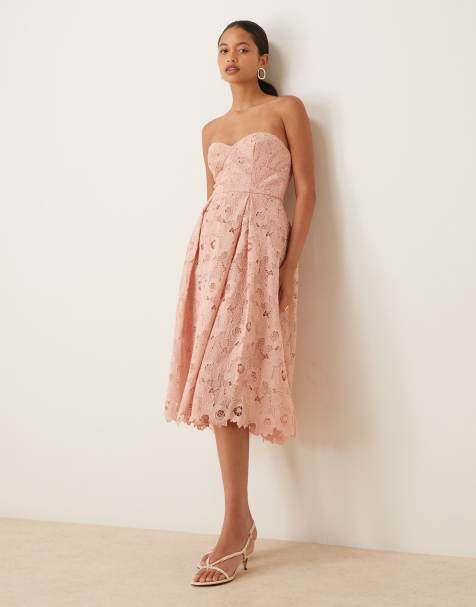 True Decadence Strapless midi dress in dusty pink cutwork
