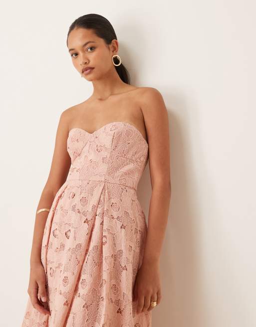 True Decadence Strapless midi dress in dusty pink cutwork, 2 of 4
