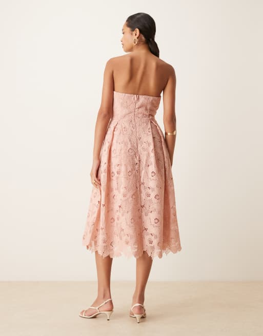 True Decadence Strapless midi dress in dusty pink cutwork, 4 of 4
