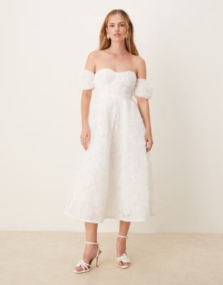 asos True Decadence strapless midi dress in white applique mesh