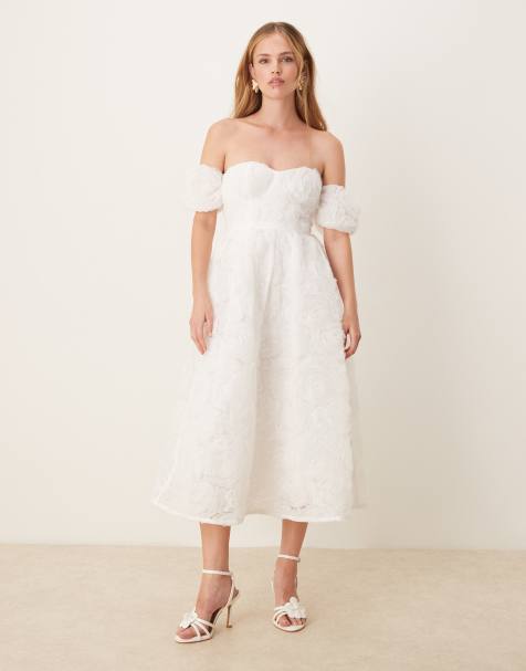 True Decadence strapless midi dress in white applique mesh