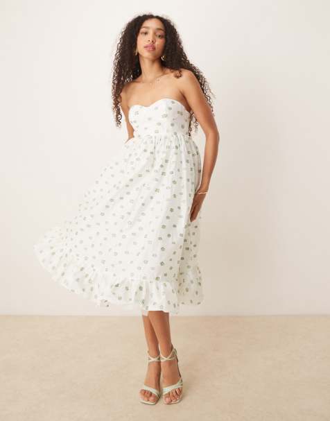 True Decadence Strapless midi dress in white green organza
