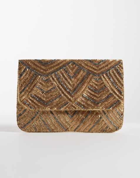 True Decadence stripe embellished clutch bag in gold - view 1